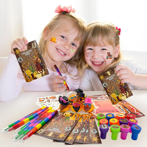 144 Set Cinrobiye Pcs Western Cowboy Party Favors, Wild West Coloring Books, Stickers, Tattoos, Stampers, Rubber Ducks