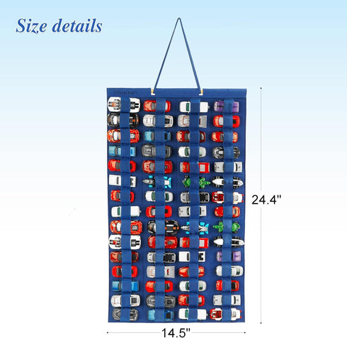Hanging Storage Organizer for Toy Cars, Felt Display Case Holds Up to 60 Toy Cars (Without Accessories) in Blue