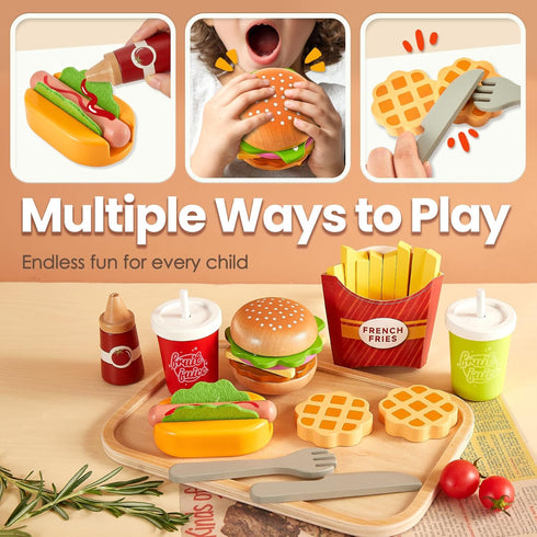Sets Set, 3 4 5 BUYGER Play Food for Kids Kitchen, Wooden Fast Food Hamburger Play Pretend Play Kitchen Accessories Toy
