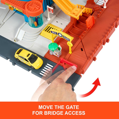 Matchbox Transportation Center Playset, 5 Levels with 1:64 Scale Taxi, Boat, Helicopter & Food Vendor Features