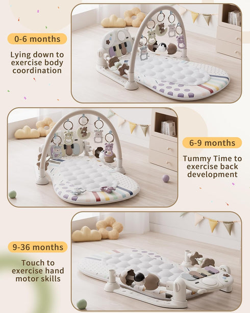 4 0-12 Jovow Baby Gym Play Mat with Detachable Musical Piano, Light Up Activity Center with Rattles & Glowing Night