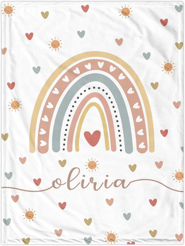 Personalized Baby Girl Blankets with Name, Custom Boho Rainbow Swaddle Blanket for