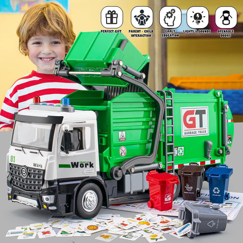 TAKGUD 12" Set 4 Garbage Truck Toys for Boys, Big Trash Truck with Lights and Sounds, Friction Powered Waste Management