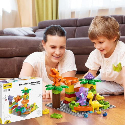 Kid Marble Run Building Blocks - Dinosaur Maze Puzzle Set, Compatible with Major Brands for Ages 3-8, 67PCS