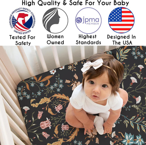 Sweet Jojo Designs Fitted Baby Crib Sheets (Black Wildflower Vintage Floral) for Girls, Infant Nursery, Toddler Room