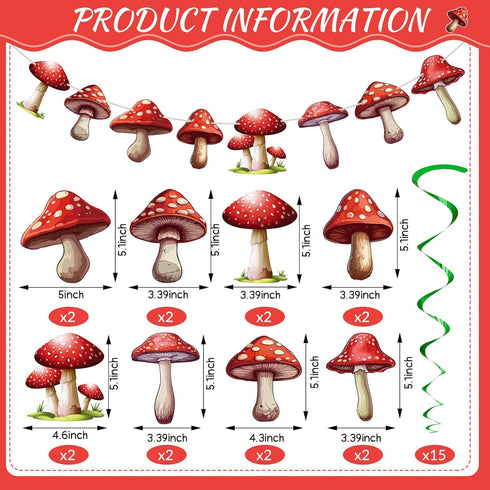 Ribbonlic 34 Pcs Mushroom Garlands Mushroom Hanging Swirls Mushroom Banners Mushroom Hanging Swirls Ceiling Streamers