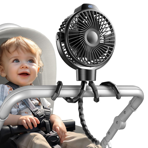 Koonie Portable Stroller Fan for Baby, Rechargeable, 3 Speeds, 360° Rotation, 25db Low Noise, Clip-on for Car Seats,