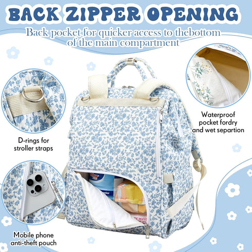 Sunnymove Backpack Backpack Blue Corduroy Floral Diaper Bag for Mom Large Capacity Multifunction Travel for Women, Cute