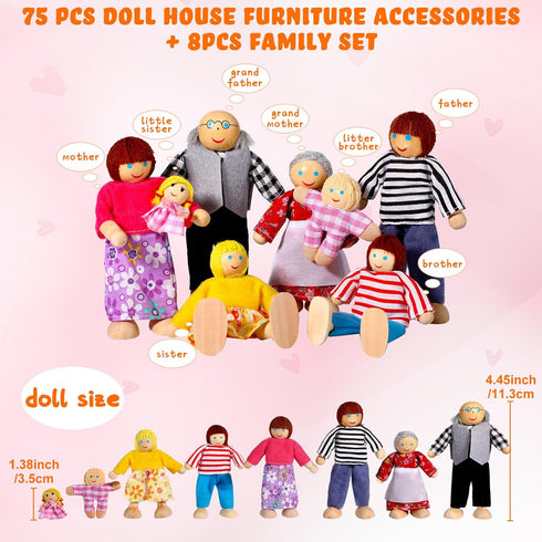 83 Set 8 5 HyDren Pcs Wooden Dollhouse Furniture with Flexible Dolls for Rooms Kits Kitchen, Dining, Living Room
