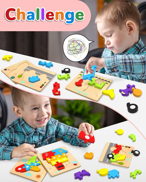Wooden Toddler Puzzles for 1-3 Years Old, 6 Vehicle Shape Montessori Educational Blocks for Kids Gifts