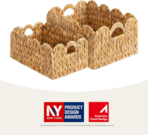 2 Pack StorageWorks Scalloped Edge Wicker Basket, Hand-woven Rattan Baskets with Built-in Handles, Water Hyacinth