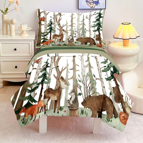 CKOU CCOO 4 Pieces Woodland Animal Toddler Bedding Set, Forest Deer Bear Fox Bed