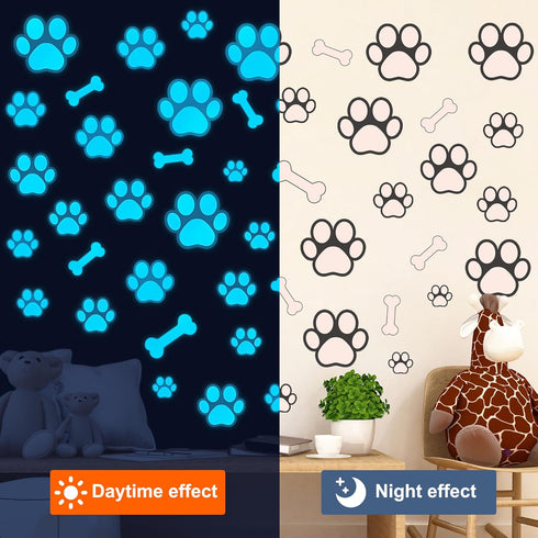 Glow in The Dark Dog Paw Print Stickers, Wall Decals for Pup Dog Room Decor, Removable Animal Footprint Decal (Blue)