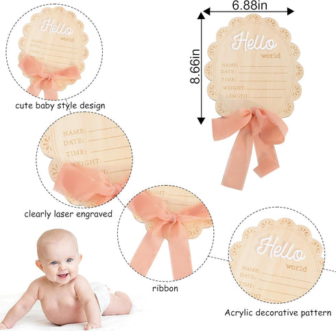 YOUAME Girls Hello World Wood Sign - Newborn Birth Announcement Plaque, Scallop Edge Wooden Sign Disc, Hospital Name