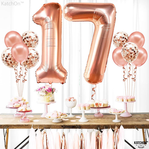 KatchOn Giant Rose Gold 17 Balloon Numbers, 40 Inch Birthday Balloons Set for Happy 17th Birthday Decorations
