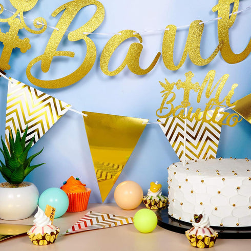 Gold Glitter Mi Bautizo Banner, Mi Bautizo Cake Topper Decorations, First Holy Communion Decorations for Baby Shower