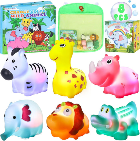 Light Up Bath Toys for Toddlers, No Hole Bath Toys with Bath Book & Organizer, Glow Bath Time Gift for Kids