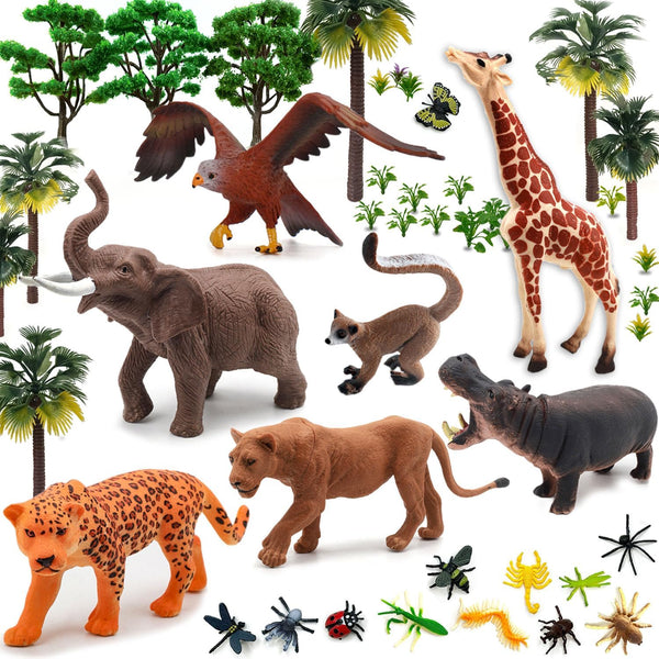 QuarenDen 49Pcs Rainforest Figures, Model Scenery Kit, Jungle Animals Figures, Model Trees and
