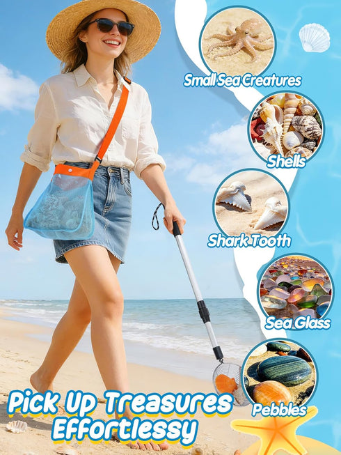 1 Pack 21.6"~33" Sand Sifter with Seashell Bag- Adjustable Shark Tooth Sifter & Sea Shell Bags for Beach Seashell