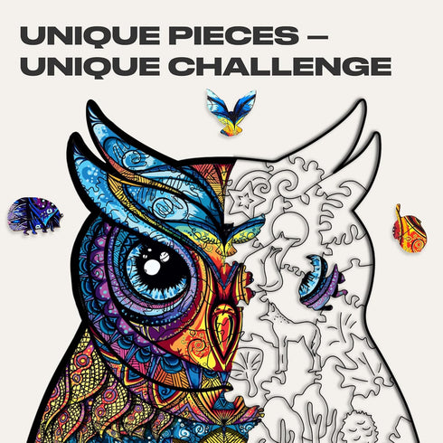 UNIDRAGON Original Wooden Jigsaw Puzzles, Charming Owl, 186 Pieces, Medium Size 8.3"x13.8", Beautiful Gift Package,
