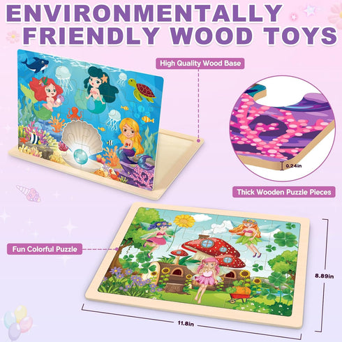 3 4 5 4 Pack 24 Wooden Princess Puzzles for Kids Age Year Old, Pcs Montessori Toddler Jigsaw Puzzles for Girl boy
