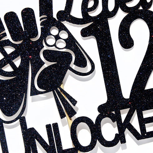 Cos mos Video Game Level 12 Unlocked Birthday Cake Topper, Black Glitter Decorations for 12th Birthday Party