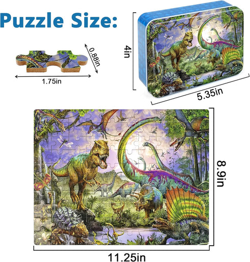 LELEMON Puzzles for Kids Ages 4-8,Dinosaur 100 Piece Puzzles for Kids,Educational Kids Puzzles Jigsaw Puzzles in a Metal Box,Children 100 Piece Puzzle Games Puzzle Toys for Girls and Boys