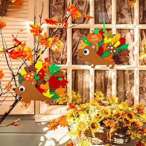 Winlyn 24 Sets Fall Craft Kits, DIY Hedgehog Ornaments and Leaf Foam Stickers for Thanksgiving Classroom Activities