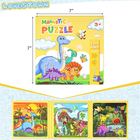 LovesTown Magnetic Travel Puzzles Book, Dinosaur Wooden Magnetic Puzzles for Toddlers Learning Magnetic Puzzles for Road Trip