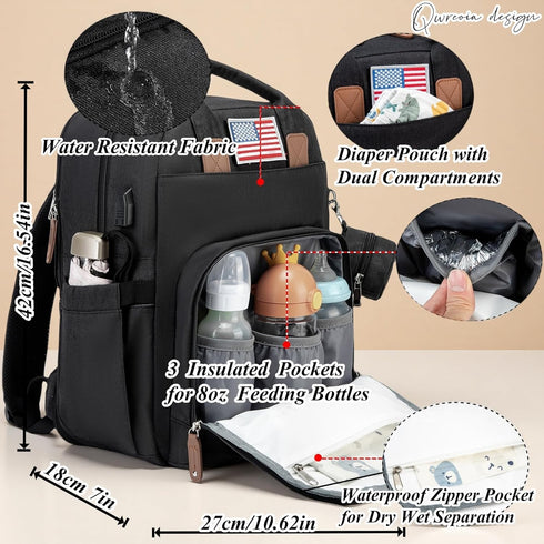 Backpack Expandable Diaper Bag for Dad and Mom Large Capacity Baby Diaper Bag with Premium Leather, Changing Pad