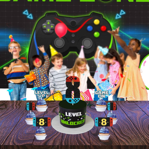 Teen Video Game Unlock Level UP 8 Happy Birthday Cake Topper 7 - PC Set - Perfect Video Game Birthday Party Decorations