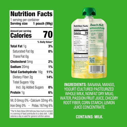 3.5 oz (12 Pack) Beech-Nut Toddler Smoothies with Prebiotics, Banana Mango Passion Fruit & Yogurt Baby & Toddler Food