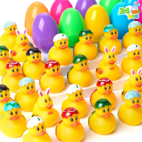 JOYIN 24 Pcs Prefilled Easter Eggs with Rubber Ducks, Variety Duckies for