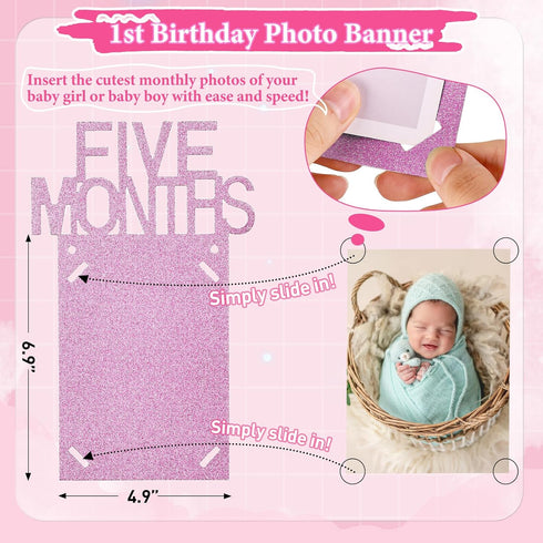 DESGLITAIR 0-12 Baby First Birthday Party Decorations Pink High Chair Banner Crown Cake Topper Months Potho Banner