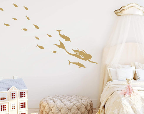 Mermaid Wall Decals, Nautical Sea Ocean Dolphin Vinyl Stickers for Bathroom, Nursery Decor, Home Art Mural A56 (Gold)