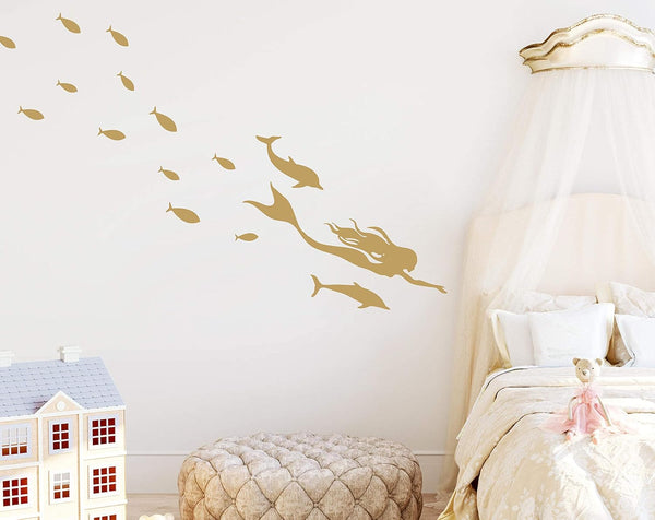 Mermaid Wall Decals, Nautical Sea Ocean Dolphin Vinyl Stickers for Bathroom, Nursery Decor, Home Art Mural A56 (Gold)