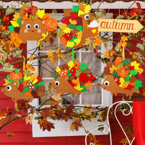 Winlyn 24 Sets Fall Craft Kits, DIY Hedgehog Ornaments and Leaf Foam Stickers for Thanksgiving Classroom Activities