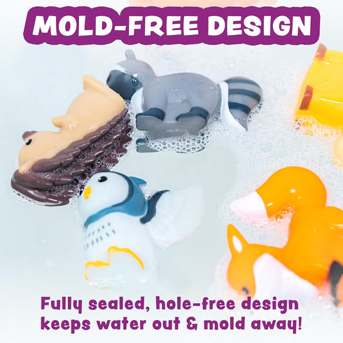 6 Pack Set Tub Works Woodland Animals Watertight Baby Bath Toys, | Sealed, No Hole Bath Toys Design Keeps Moisture Out