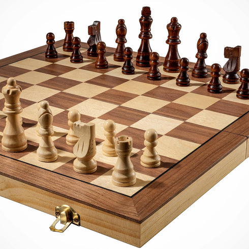 Magnetic Chess Board Set for Adults & Kids, 15" Wooden Folding Chess Game with Pieces Storage Slots