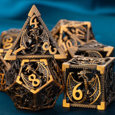ARUOHHA DND Metal Dice Set, 7PCS Ancient Gold Polyhedral Dice with Gift Box for Dungeons and Dragons RPG