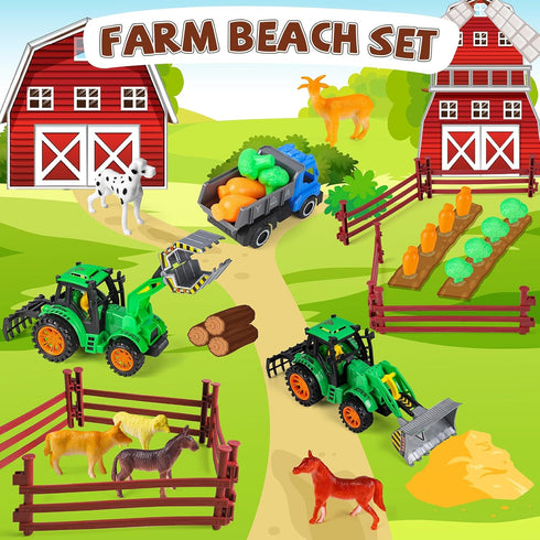 FHOZGECY Playset Set, 4-8 Beach Toys, Farm Sand Toys for Kids Boys and Girls with Collapsible Bucket, Tractor Sand
