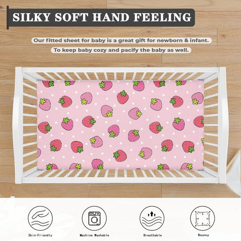 JEPFEIXIA 28"x52" Pink Strawberry Fitted Crib Sheet for Girls Cute Strawberries Baby Sheet for Standard Crib