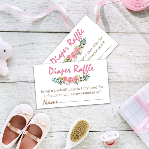 Pink Flowers Diaper Raffle Tickets - 50 Baby Shower Game Cards for Invitation Inserts