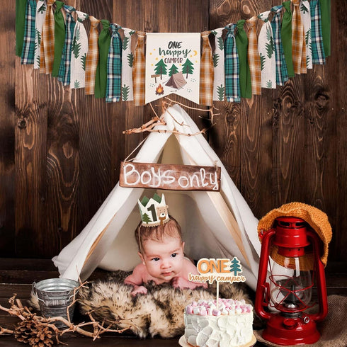 1st One Happy Camper Highchair Banner Adventure Camping Theme Birthday Banner Crown Cake Topper Highchair Photo Prop