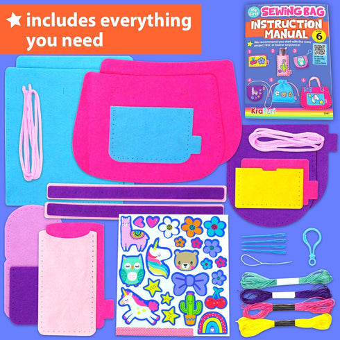 6 KRAFUN My First Sewing Bag Kit Arts & Crafts for Beginner Kids, Easy DIY Sewing mini Bag Holder Case Projects