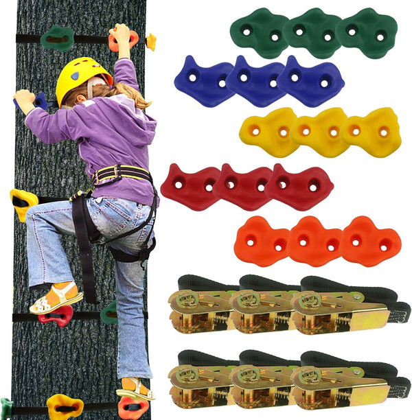 Ogrmar 15 Packs Ninja Tree Rock Climbing Holds Kits, 6 Ratchet Straps for Kids & Adults Outdoor Training