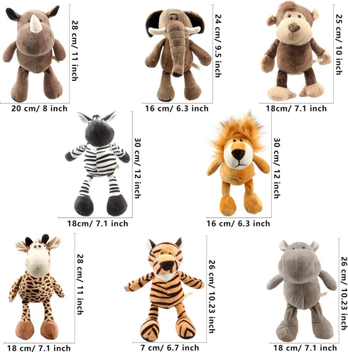 8 Pieces Jungle Animal Plush Toys Set - 11 Inch Lion, Elephant, Zebra, Giraffe, Tiger, Monkey, Rhino, Hippopotamus