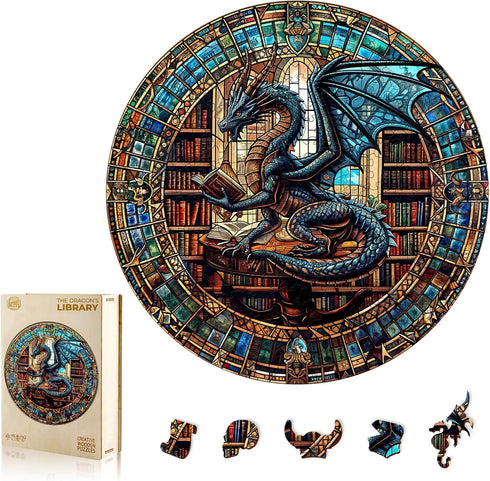 WOODBESTS Wooden Puzzles for Adults (300 Piece, L, 13.4"x13.4") Dragon's Library Wood