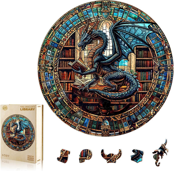 WOODBESTS Wooden Puzzles for Adults (300 Piece, L, 13.4"x13.4") Dragon's Library Wood