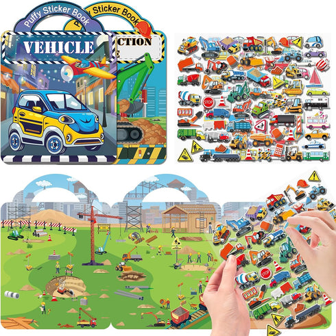 2 Pack 3-5, 3D Elfew Puffy Sticker Books for Kids Ages Construction Truck and Vehicle Car Stickers for Toddlers Boys